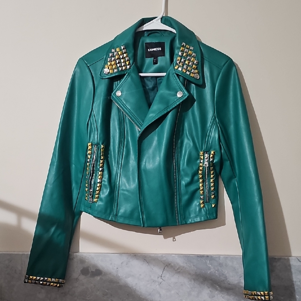 Express Teal Leather Jacket with Gold Studs